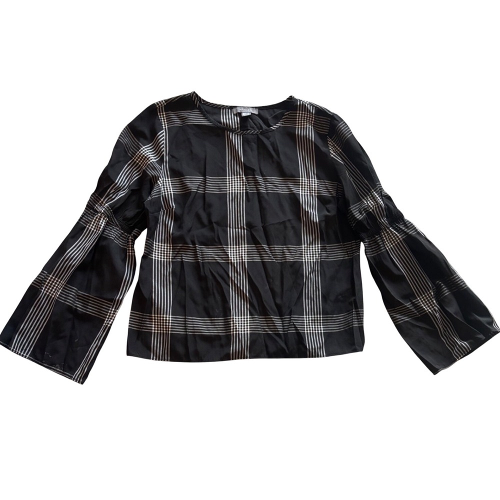 Primark Black White Grid Plaid Bell Sleeve Blouse Top USA 10